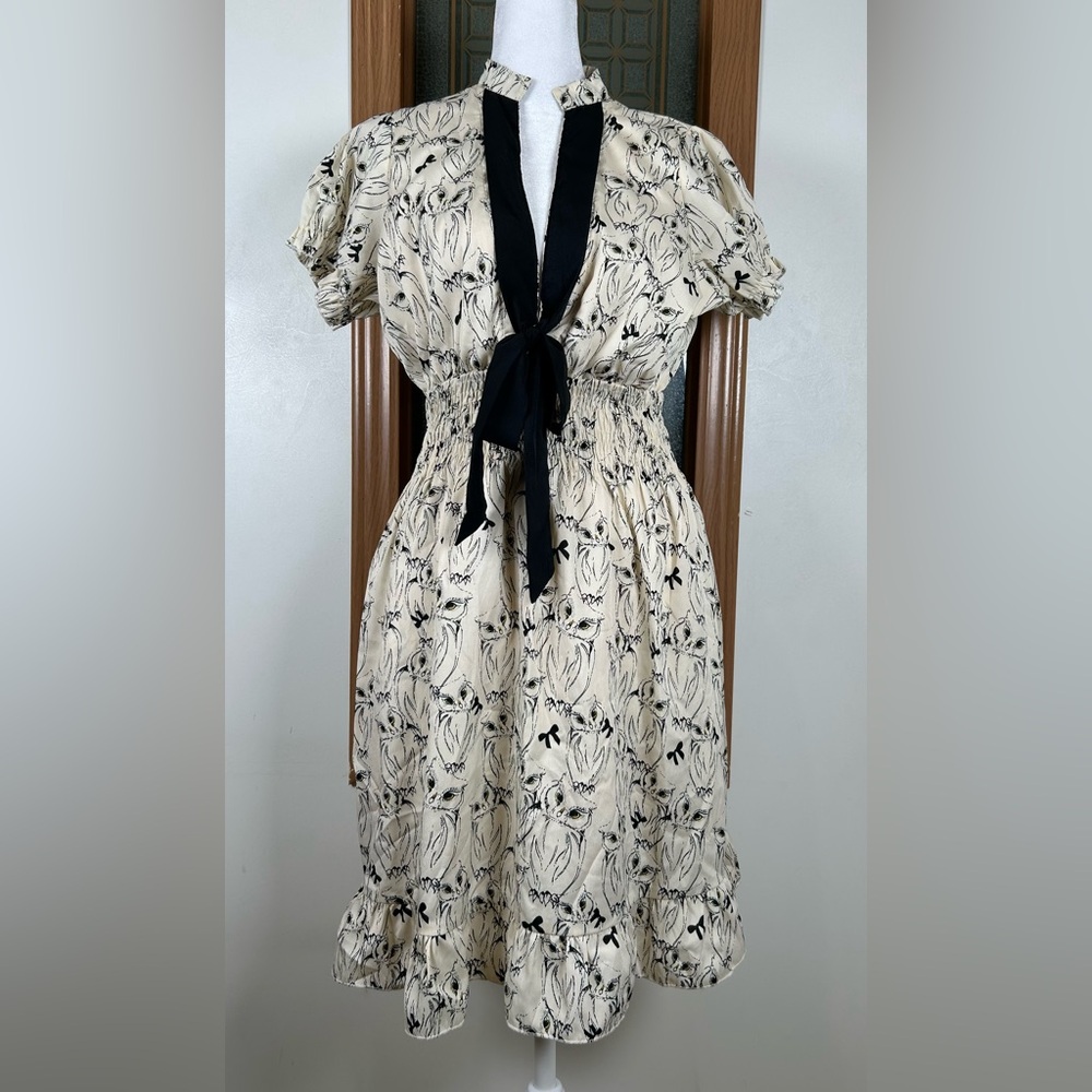 Yumi Boho Owl Print Mini Dress 6/8 Cream Smocked Waist Tie Front Cute Summer